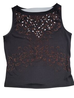 Vintage Cartise Y2K Black Camisole with Copper Glitter Floral Cutouts Top